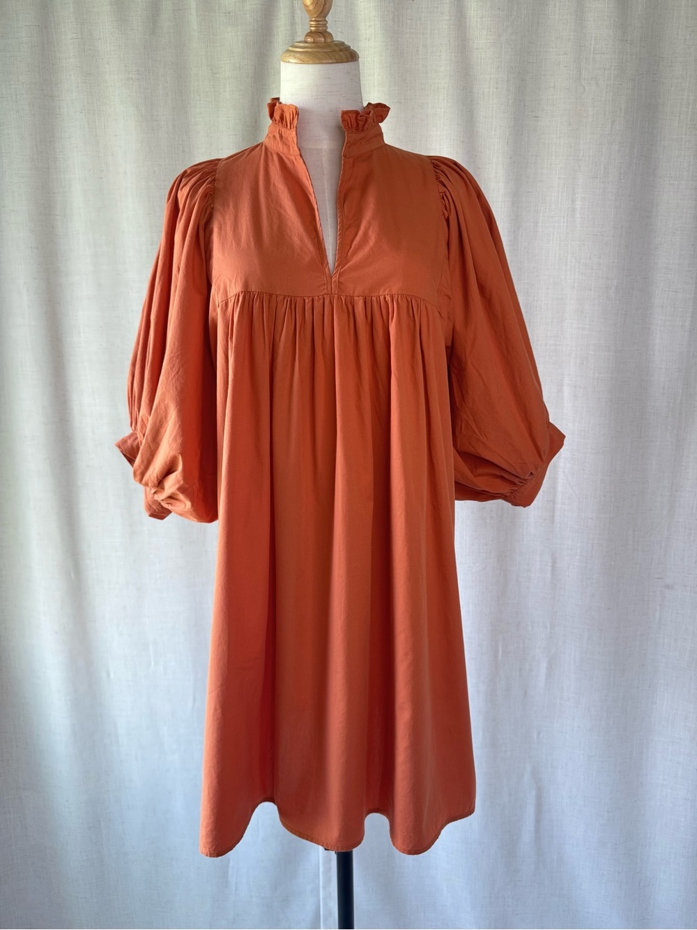 Never A Wallflower High Ruffle Poplin Babydoll Mini Dress Burnt Orange Size M